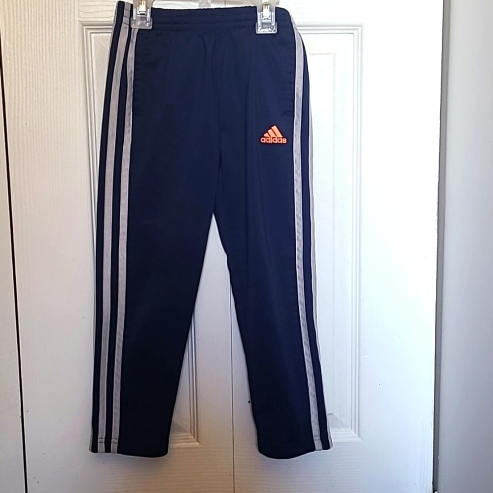 Adidas boys size 5 blue jogger pants with gray stripe.